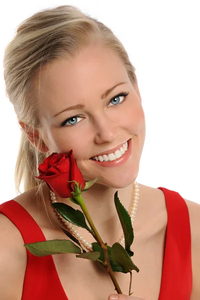 Young Woman Holding Red Rose — Stock Photo, Image