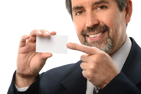 カードを指しているヒスパニックの実業家 — ストック写真