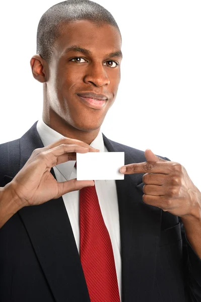 Empresário apontando para cartão em branco — Fotografia de Stock