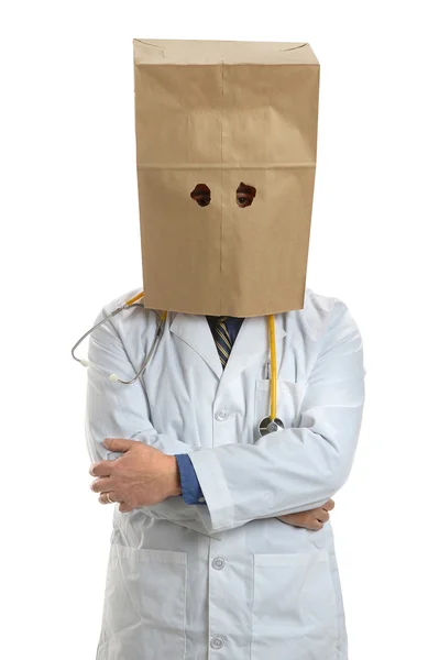 Doctor Wearing Paper Bag Over Head — Stock Photo, Image