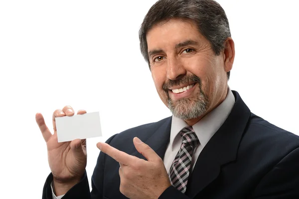 Бизнесмен указывает на визитную карточку — стоковое фото