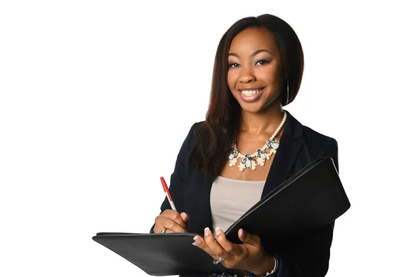 Afrikaanse Amerian zakenvrouw met bindmiddel — Stockfoto