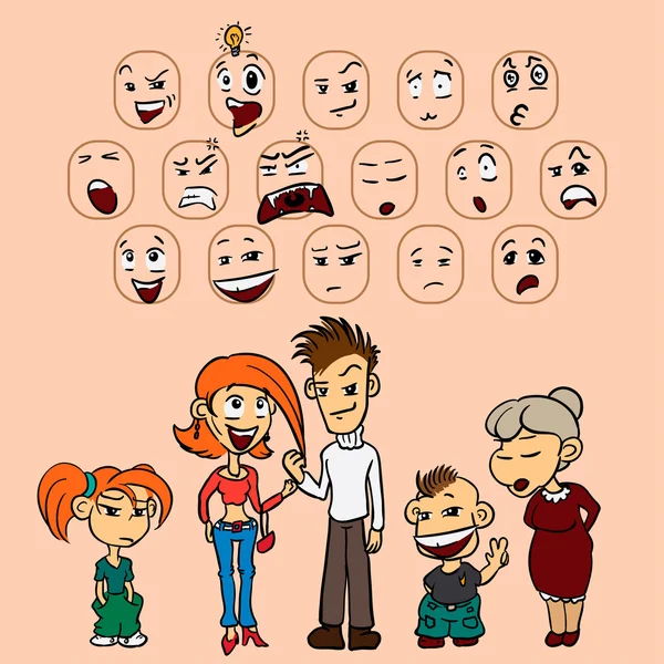 Personajes divertidos, expresiones faciales — Vector de stock