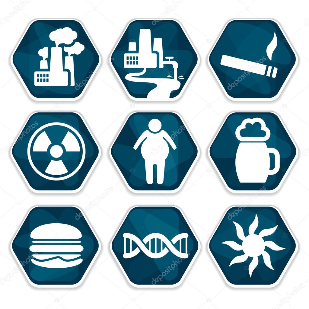 Blue vector cancer risk factors icons set