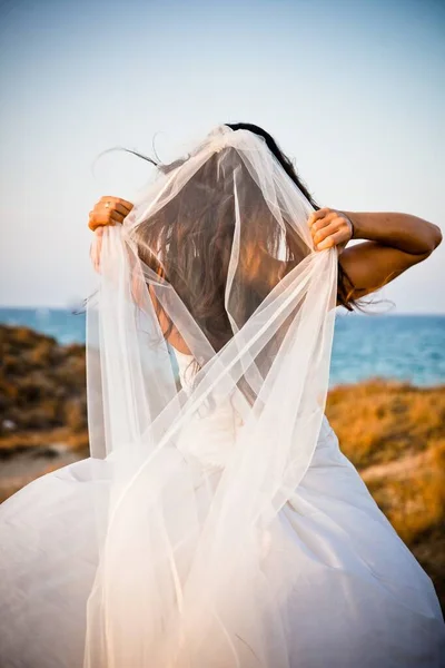 Woman Dressed Bride Forest Placing Her Headdress Vertical Image Royalty Free Stock Images