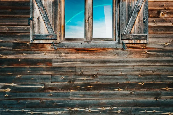 Background Facade Wooden Wall Window Open Shutters Blue Glass — Stock Photo, Image