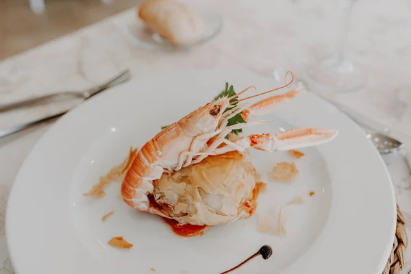 Seafood Plate Cooked Norway Lobster Served Event Added Film Grain — Stock Photo, Image