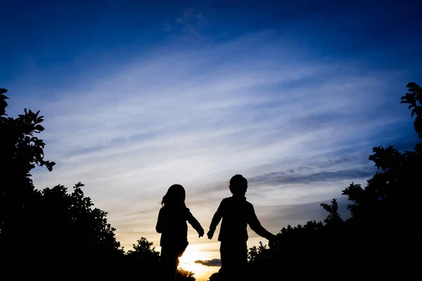 Sylwetka Dwójki Dzieci Biegnących Przez Pole Zimowy Zachód Słońca — Zdjęcie stockowe