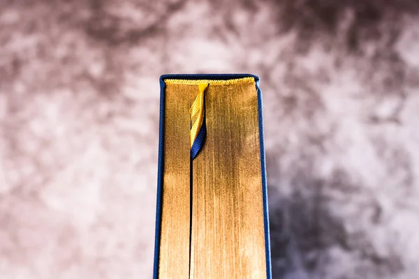 Złoty Kręgosłup Niebieskiej Książki Bogactwie Nieostre Tło — Zdjęcie stockowe