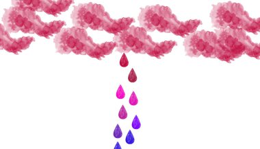 Düşen su damlaları ile kırmızı yağmur bulutları, beyaz izole arkaplan.