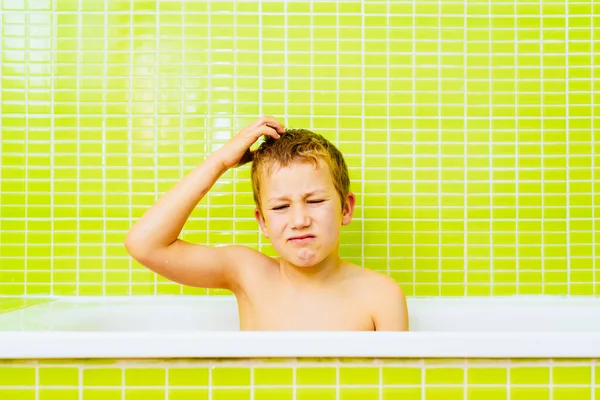 Child Bathtub Does Want Bathe Looks Angry Bored Face — Stock Photo, Image