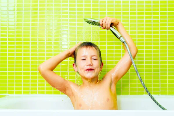 Disgusted Expression Young Boy Taking Shower Washing Himself Angrily — Stock Photo, Image
