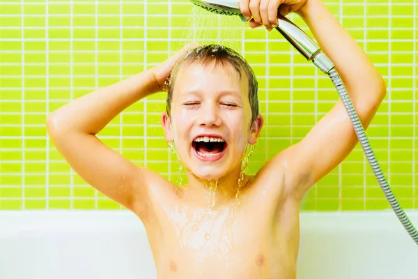 Boy Bathtub Washes His Head Water Sprayed Shower Head Funny — Stock Photo, Image