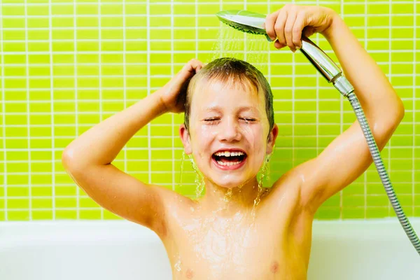 Handsome Boy Washes His Head Water Dripping His Face Bathtub — Stock Photo, Image