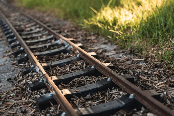 Küçük Bir Tren Rayının Raylarını Tutan Eski Pusucuların Detayları — Stok fotoğraf