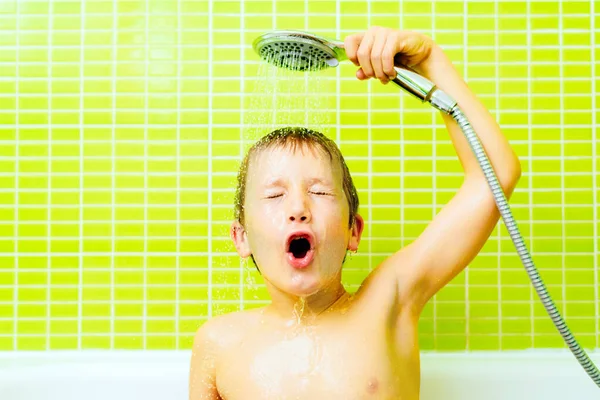 Funny Expression Boy Portrayed Taking Shower Pouring Water His Face — Stock Photo, Image