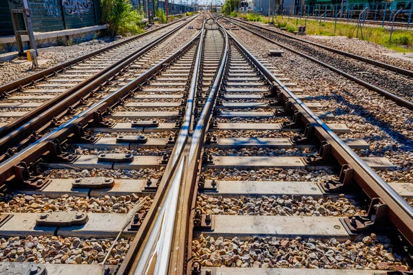 Detail Railway System Trains Reaching Interchange Station Railroad — Stock Photo, Image