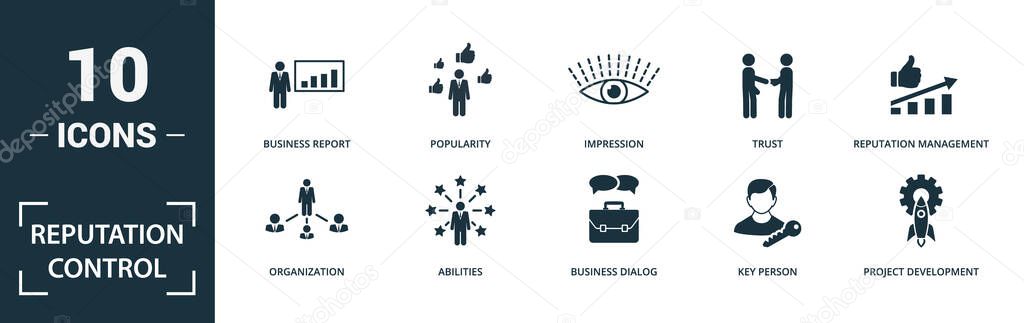 Reputation Control icon set. Collection of simple elements such as the innovation research, leadership, organization, abilities. Reputation Control theme signs.