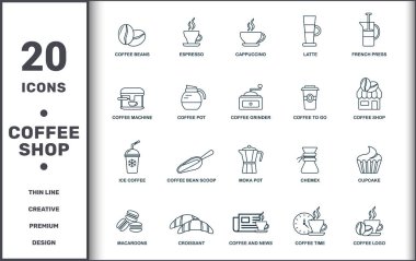 Coffe Shop simgeler koleksiyonu ayarlayın. Kahve Çekirdekleri, Espresso, Cappuccino, Latte, French Press, Coffee Bean Scoop ve Moka Pot premium simgeler gibi basit unsurları içerir.