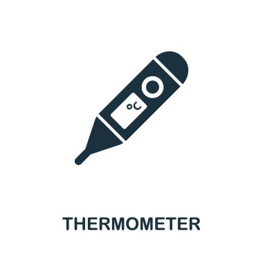 Termometre simgesi. Tıp hizmetleri koleksiyonundan basit bir unsur. Şablon, bilgi grafikleri ve pankartlar için doldurulmuş monokrom termometre simgesi