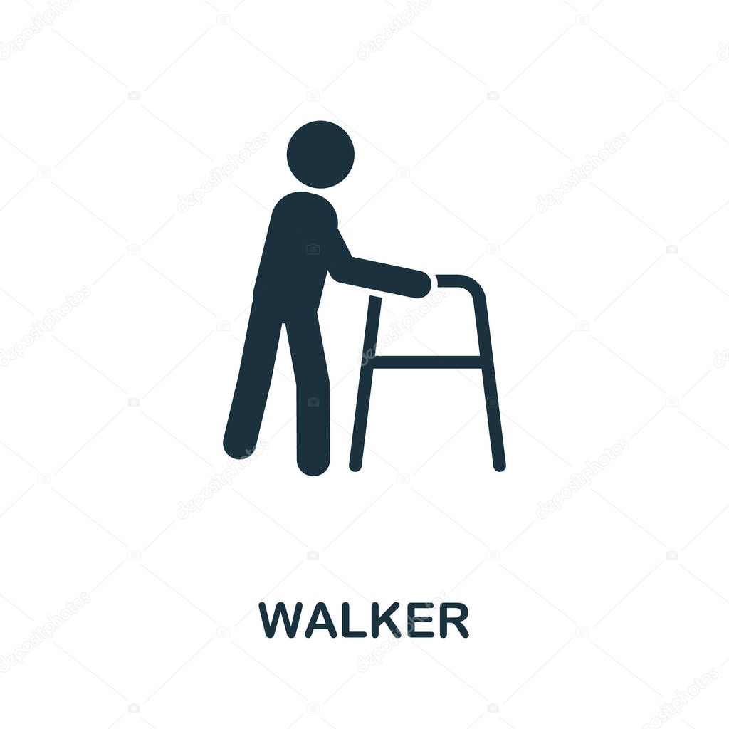 Walker icon. Monocrome element from medical services collection. Walker icon for banners, infographics and templates.