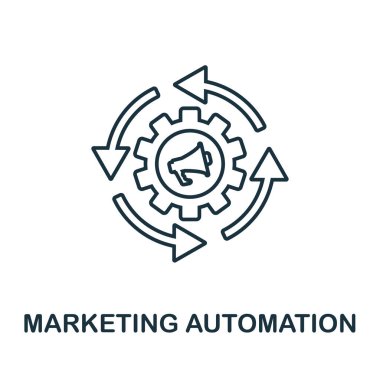 Pazarlama Otomasyon ana hatları simgesi. İçerik simgeleri koleksiyonundan ince çizgi konsept ögesi. Mobil uygulamalar ve web kullanımı için yaratıcı pazarlama otomasyon simgesi