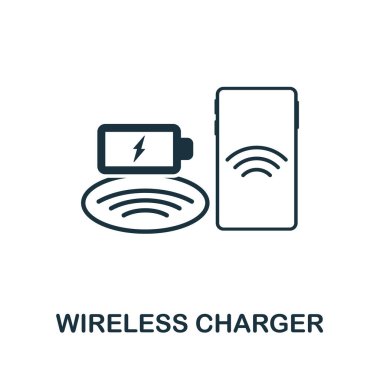 Kablosuz şarj ikonu. Teknoloji koleksiyonundan basit bir element. Şablonlar, bilgi grafikleri ve pankartlar için tek renkli kablosuz şarj simgesi