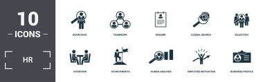 İnsan Kaynakları simgeleri koleksiyon oluşturdu. Arama, Takım Çalışması, Özgeçmiş, Küresel Arama, Seçim, Başarı ve İnsan Analiz prim simgeleri gibi basit unsurları içerir