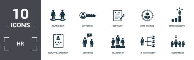 İnsan Kaynakları simgeleri koleksiyon oluşturdu. İlişki, Anahtar Kişi, Sözleşme, Kafa Avcılığı, Kariyer Büyümesi, Danışmanlık ve Liderlik prim simgeleri gibi basit unsurları içerir