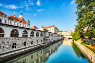 Lublanka Nehri, Slovenya 'ya bakan güneşli bir günde Ljubljana Şehir Merkezi