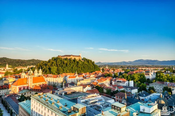 Ljubljana Şehir Merkezi Hava Görüntüsü Ljubljana Şatosu Güneşli Bir Günde — Stok fotoğraf