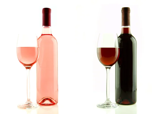 Bottle and glass of pink and red wine isolated — Stock Photo, Image