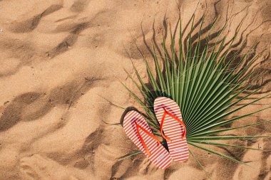 Deniz kıyısındaki kumsalda kırmızı terlikler, yaz tatili.