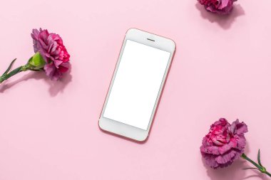 Cep telefonu modeli ve pembe çiçekler pembe pastel masanın üstünde düz bir şekilde duruyor. Masaüstünde çalışan kadın. Renkli üst görünüm