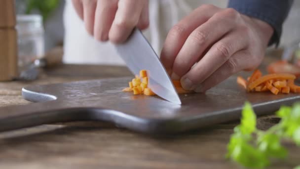 Chef Cuts Carrots Salad Sharp Knife Male Chef Prepares Salad — Stock Video