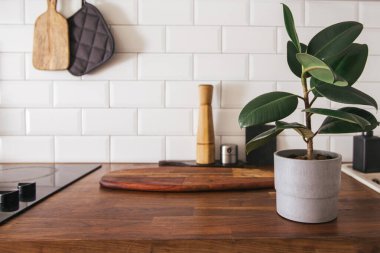 Mutfak aletleri, şef aksesuarları. Beyaz kiremitler duvar ve ahşap masa üstüyle asılmış mutfak. Mutfak arka planında yeşil bitki.