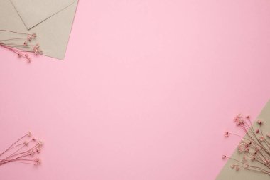 Açık bej zarf pembe arka planda kuru çiçek dalı. Hassas panorama ve eğilim, en az kurumuş konsept arkaplan görünümü