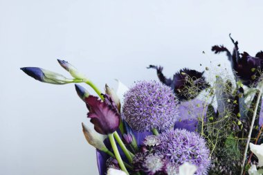 Gri duvarda güzel mor çiçek buketi, modern çiçekçi dükkânı manzarası