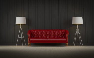 Oda 3d Render kırmızı vintage kanepe