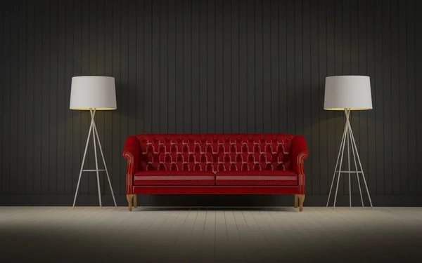 Красный винтажный диван в комнате 3D рендеринг — стоковое фото