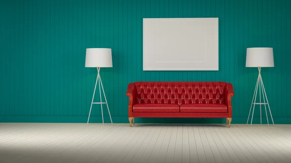 赤のビンテージ ソファでの部屋の 3 d レンダリング — ストック写真
