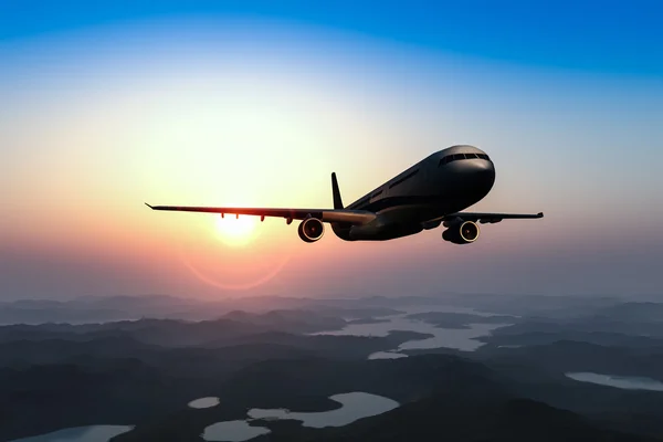 Airplane flying over the city and the beach sunrise 3d rendering — Stock Photo, Image