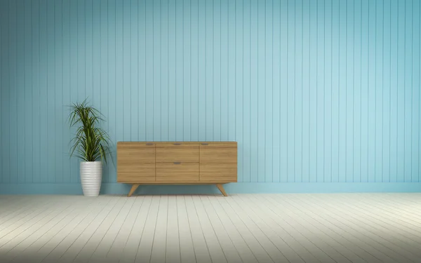木製の青い壁のリビング ルームの 3 d の描画されるかのキャビネット — ストック写真