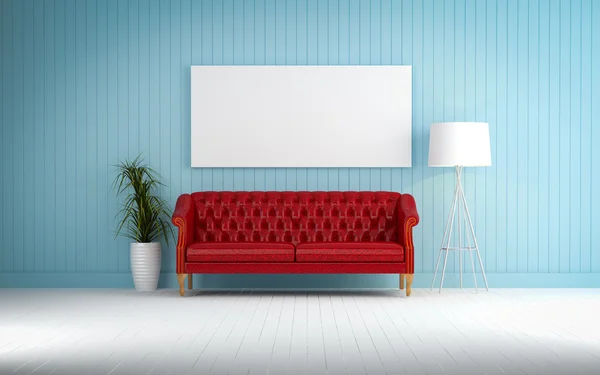 赤のビンテージ ソファでの部屋の 3 d レンダリング — ストック写真