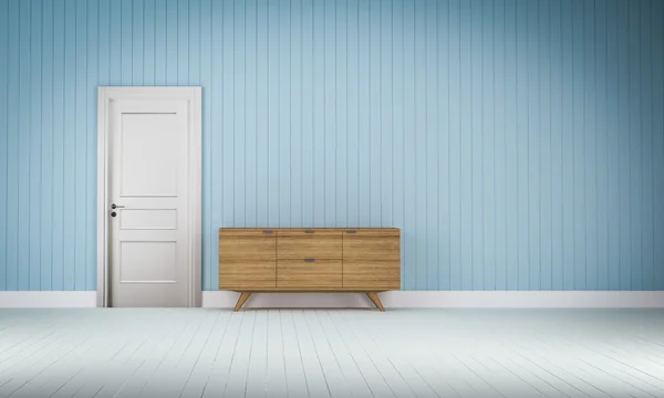 Dřevěné skříňky v modré zdi obývacího pokoje 3d renderin — Stock fotografie