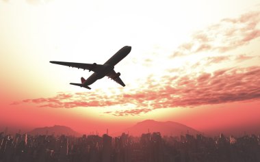 Şehir ve plaj gündoğumu 3d render üzerinde uçan uçak