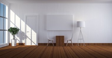 Beyaz kapı 3d renderin basit salon odası