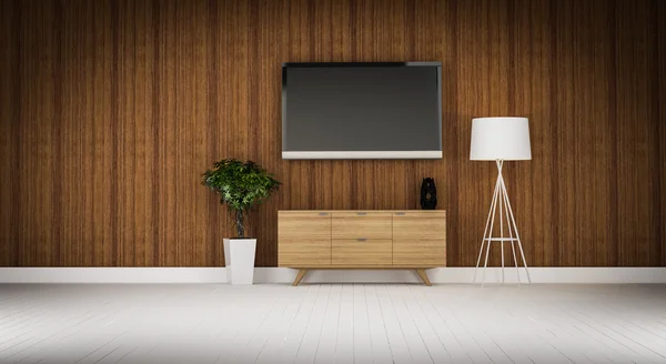 Wood cabinet in wood  wall living room 3d renderin — Stock Photo, Image