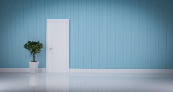 Белая дверь на голубой стене комната 3d рендеринг — стоковое фото