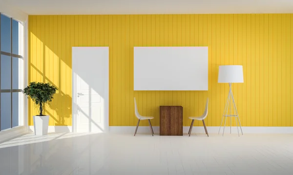 Simple yellow color living room with white door 3d renderin — Stock Photo, Image